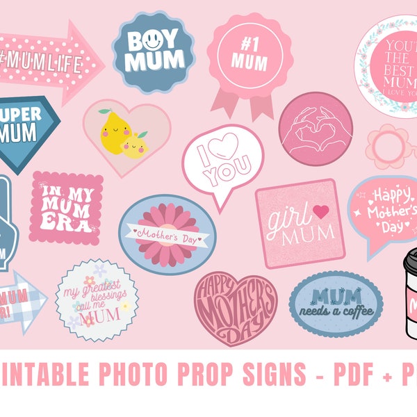Printable Mothers Day Photo Props for Mum | Instant Download Decorations for Mum | English Mum, Australian Mothers Day | Photo Booth