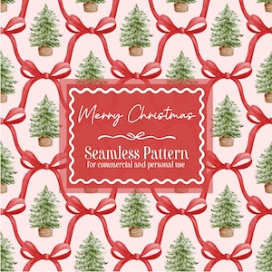 Puede incluir: Patrón navideño sin costuras con ilustraciones en acuarela de árboles de Navidad verdes en macetas marrones, lazos rojos y el texto "Merry Christmas" sobre un fondo rosa. El patrón es para uso comercial y personal.