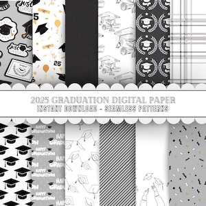 May include: A set of ten digital papers featuring graduation-themed patterns. The patterns include black and white stripes, confetti, graduation caps, and text that says "Happy Graduation".