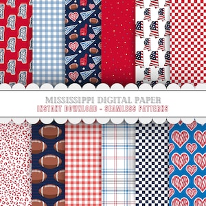 Puede incluir: Una colección de patrones de papel digital en rojo, azul y blanco. Los diseños incluyen cuadros, lunares, balones de fútbol, corazones y el contorno del estado de Mississippi con la bandera estadounidense. El texto dice "Mississippi Digital Paper, Instant Download - Seamless Patterns."
