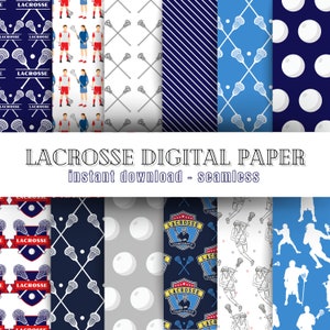 May include: A set of 10 digital papers featuring lacrosse-themed patterns. The patterns include lacrosse sticks, balls, players, and the words "Lacrosse" and "Lacrosse Championships".