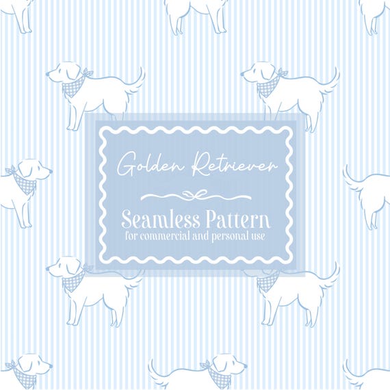 Seamless Blue Golden Retriever Pattern | Repeating Pattern, Digital Paper, Grand Millennial, Dogs, Stripes, boy, blue Gingham Bandana