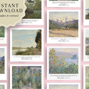May include: A set of eight printable digital art prints featuring famous paintings by Claude Monet. Each print includes a verse from Proverbs 31, with the verse text printed below the image. The prints are in a white frame with a pink background.