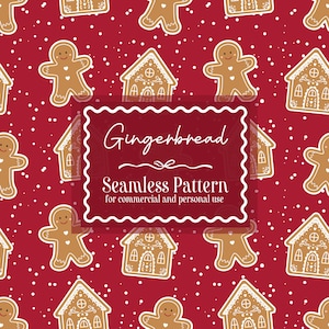 May include: A seamless pattern featuring gingerbread men and houses on a red background with white dots. The text "Gingerbread Seamless Pattern" is displayed in a white frame, suitable for commercial and personal use.
