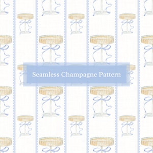 May include: A seamless pattern featuring a repeating design of champagne flutes on a white background with blue accents. The flutes are tied with blue ribbons and sit on a white pedestal.