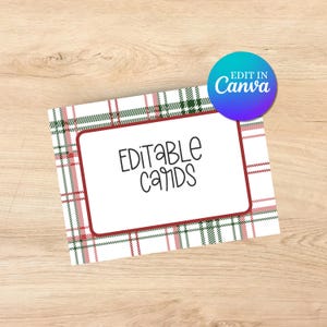 Etiquettes d'aliments à carreaux de Noël modifiables, noms, cartes de table | Décorations de fête des fêtes imprimables, personnalisées, rouges et vertes. Dîner