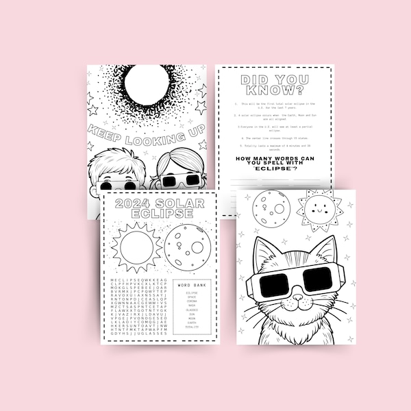 Printable 2024 Total Solar Eclipse Coloring Activity Sheets | Word Search, Facts, Coloring Pages for Children | School and Home Activities