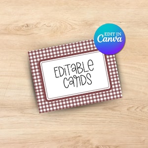 May include: A rectangular card with a brown and white gingham pattern border. The card has a white rectangular center with the words "EDITABLE CARDS" in black handwritten font. A blue and purple circle with the words "EDIT IN Canva" is in the upper right corner.