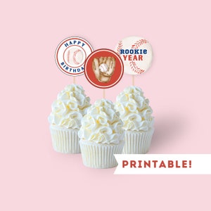 印刷可能なルーキーイヤー野球カップケーキトッパー | すぐにダウンロードできる 1 歳の誕生日カップケーキトッパー | 野球をテーマにした誕生日パーティーのデコレーション