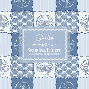 May include: A seamless pattern design featuring a repeating motif of seashells in shades of blue and white. The design includes various shell illustrations, with the word "Shells" and the text "Seamless Pattern" in a light blue frame. Suitable for commercial and personal use.