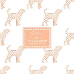 May include: A seamless pattern featuring orange and white plaid dog silhouettes on a white background. The image includes a peach-colored rectangular sign with the text "Go Vols!" and "Seamless Pattern for commercial and personal use."
