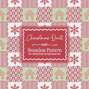 May include: A festive Christmas pattern with gingerbread houses, fir trees, and snowflakes on a red and white backdrop. The design includes the text "Christmas Quilt" and "Seamless Pattern".