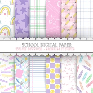 Könnte beinhalten: Ein Set mit 10 digitalen Papieren mit Mustern zum Thema Schule. Die Muster umfassen Regenbögen, Sterne, Karos, Lineale, Bleistifte, kariertes Papier, Smiley-Gesichter und Buntstifte. Der Text "SCHOOL DIGITAL PAPER" und "INSTANT DOWNLOAD - SEAMLESS PATTERNS" wird auf einem weißen Banner angezeigt.