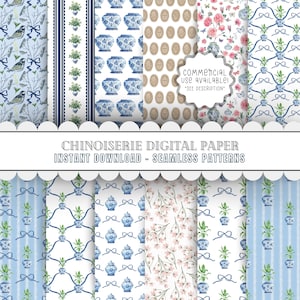 May include: A set of 10 digital papers featuring seamless patterns in a chinoiserie style. The patterns include blue and white porcelain jars, floral designs, and stripes. The text "Commercial use available! *See description*" is included in the image.