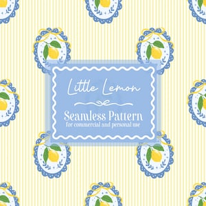 May include: A seamless pattern featuring a repeating design of lemons with leaves and a blue scalloped border. The background is a light yellow with vertical stripes. The text "Little Lemon" and "Seamless Pattern" is displayed in a blue frame.