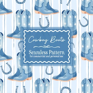 May include: Seamless pattern featuring light blue cowboy boots with white star accents and horseshoes on a striped background. The text "Cowboy Boots" and "Seamless Pattern" is displayed in a blue frame.