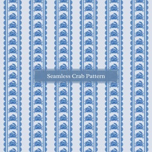 May include: A seamless pattern featuring blue crabs on a light blue background. The crabs are arranged in rows, with each row offset from the previous one. The pattern is bordered by a scalloped edge.