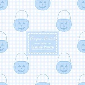 May include: A seamless pattern featuring light blue jack-o'-lantern pumpkin buckets on a white and light blue checkered background. A central rectangular label displays the text Pumpkin Bucket Seamless Pattern for commercial and personal use.
