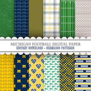 May include: A collection of digital paper patterns with a Michigan football theme. Designs include footballs, the letter "M", hearts, and a football field. Colors include green, navy blue, yellow, and white. The text reads "MICHIGAN FOOTBALL DIGITAL PAPER INSTANT DOWNLOAD - SEAMLESS PATTERNS".