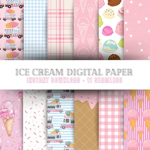 Nahtloses Eiscreme-Digitalpapier-Bundle | Druckbar, Eisdiele Drucke | Eistüten, Eiskugeln | Rosa, Girly Bastelpapier