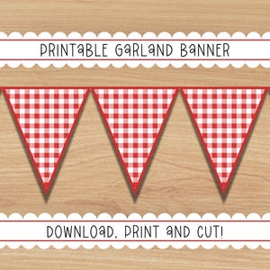 Printable Red Checkered Picnic Pattern Garland, Banner | Red Buffalo, Plaid Party Decorations | Christmas, Birthday Party, BBQ