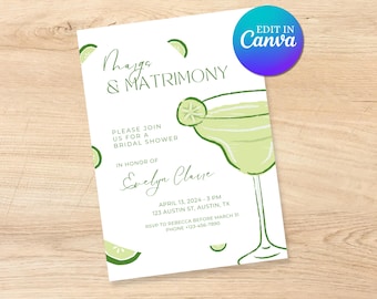May include: A white bridal shower invitation with green and white illustrations of margaritas and limes. The text reads "Margos & Matrimony", "Please join us for a bridal shower", "In honor of Evelyn Clave", "April 13, 2024 - 3 PM", "123 Austin St, Austin, TX", "RSVP to Rebecca before March 31", "Phone +123-456-7890".