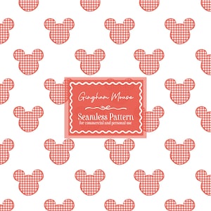 May include: Seamless pattern featuring red and white gingham mouse silhouettes on a white background. The design includes a rectangular label with the text "Gingham Mouse Seamless Pattern for commercial and personal use."