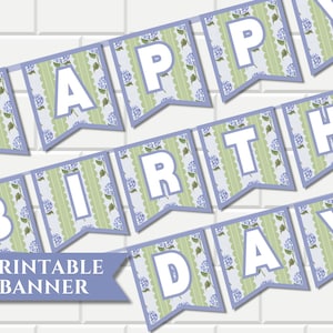 May include: Printable banner with the words "Happy Birthday" in white letters on a blue and green patterned background. The banner is decorated with small blue flowers.