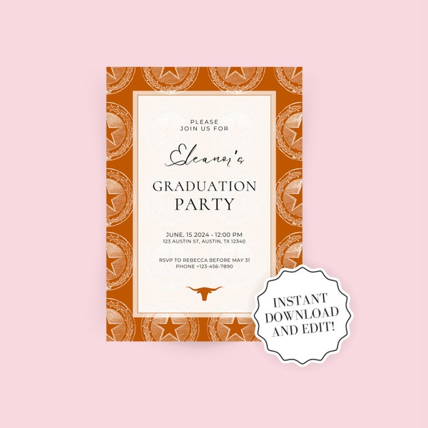 Custom Burnt Orange Graduation Party Invitation Template | Instant Download and Print Texas Longhorn, Party Invitation, College Graduation