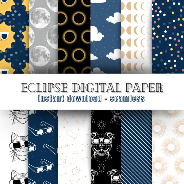 Solar Eclipse Digital Paper Bundle | Total Solar Eclipse Seamless Patterns and Designs for Crafts, Digital Projects, Scrapbooking, Decor