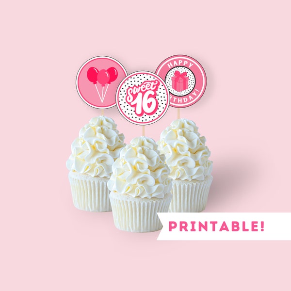 Printable Sweet 16 Birthday Cupcake Toppers | Instant Download Sixteenth Birthday Party Decorations for Girls | Happy Birthday