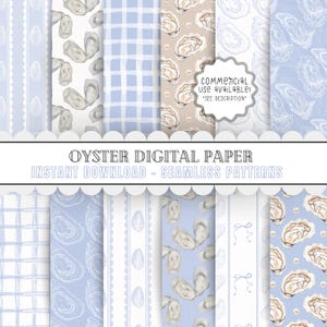 Pacchetto di carta digitale Seamless Coastal Oyster / Modelli stampabili per l'artigianato, Blue Coastal Grandmother, Grand Millennial Designs per l'artigianato
