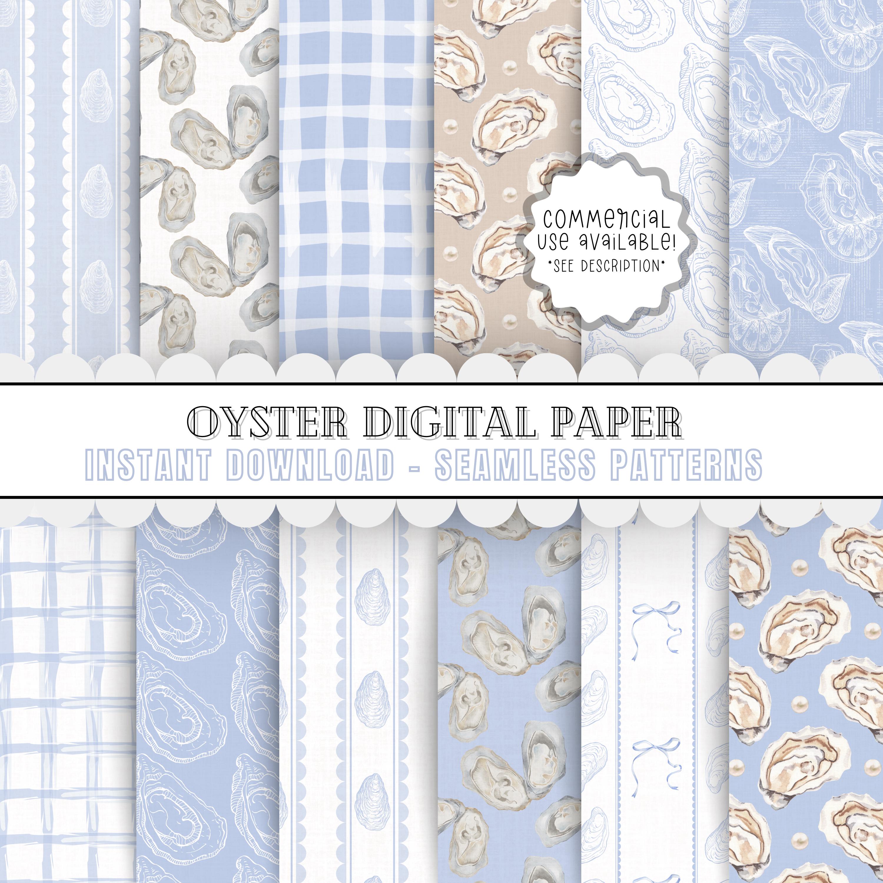 Seamless Coastal Oyster Digital Paper Bundle | Printable Patterns for Crafting, Blue Coastal Grandmother, Grand Millennial Designs for Craft