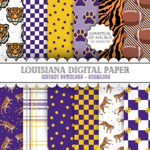 May include: A set of 10 digital papers featuring various patterns in purple and gold. The patterns include paw prints, stripes, polka dots, and checkered designs. The text "LOUISIANA DIGITAL PAPER INSTANT DOWNLOAD - SEAMLESS" is at the top of the image.
