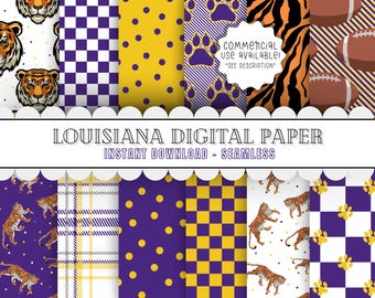 Louisiana Digital Paper Bundle | Instant Download, Printable Purple and Yellow Tigers Scrapbooking, Crafting, Background Seamless Patterns