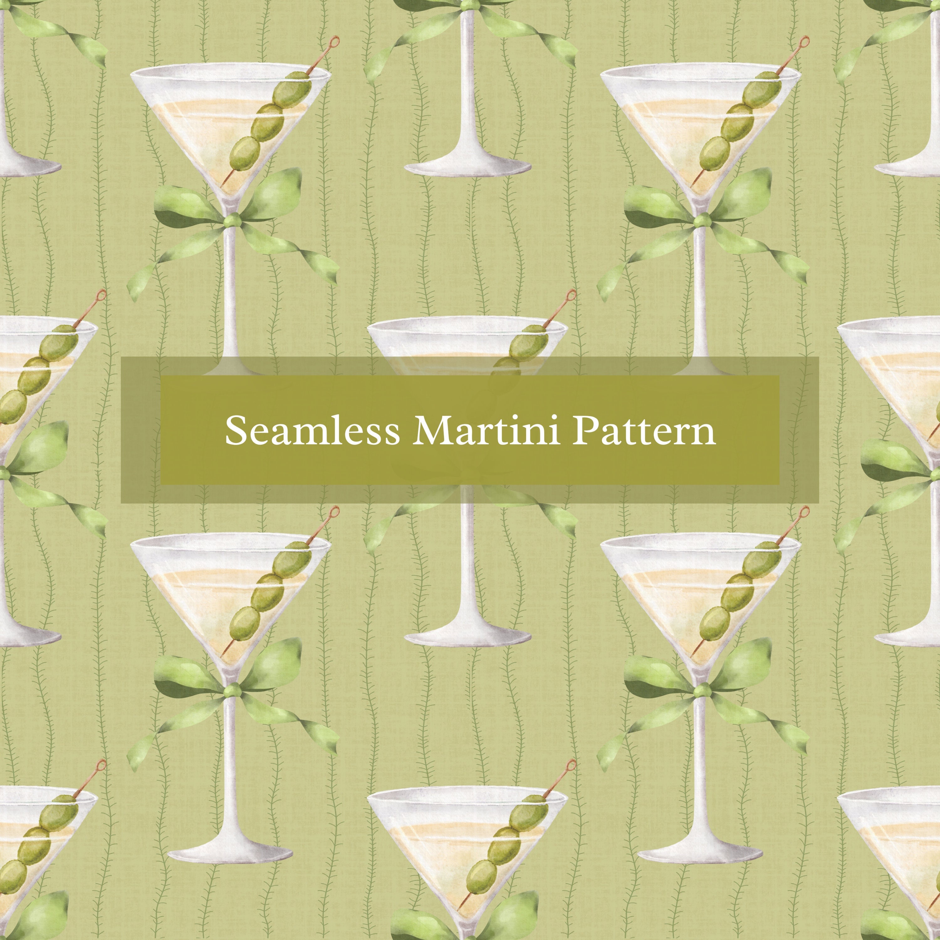 Seamless Digital Download Dirty Martini Pattern | Instant Download, Printable Paper | Wall Art, Green Martini Design with Bows