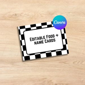 Etiquetas para alimentos a cuadros negros para imprimir, tarjetas con nombre y mesas, decoración para fiestas con temática de carreras, Fast One, Two Fast, Pit Stop y Race Car