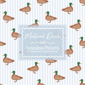 May include: Seamless pattern featuring cartoon mallard ducks in shades of brown, green, and orange, set against a light blue and white striped background. The text "Mallard Duck Seamless Pattern" is displayed in a blue frame.