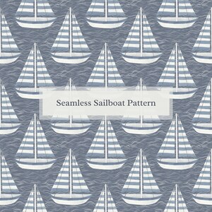 May include: A seamless pattern featuring a repeating design of white sailboats with blue stripes on a blue background. The sailboats are set against a wavy pattern, suggesting water.