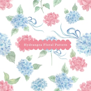 Peut inclure: Motif floral à l'aquarelle avec des hortensias bleus et des pivoines roses, des feuilles vertes et des rubans bleus sur fond blanc. Le texte "Hydrangea Floral Pattern" est dans une bannière rose festonnée.
