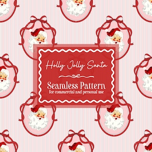 以下が含まれることがあります： ピンクと白のストライプの背景に、サンタクロースのイラストが入った楕円形のフレームが繰り返されるシームレスパターン。赤いリボンで飾られています。「Holly Jolly Santa」と「Seamless Pattern」のテキストも含まれています。