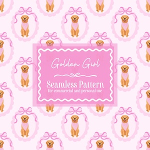 Seamless Golden Retriever Pattern | Pink Bows, Girly, Gingham, Scallops | Digital Paper | Scrapbooking, Custom Crafts, Commercial Use