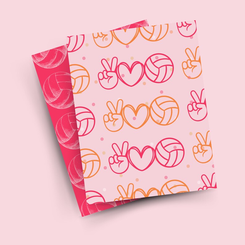 May include: Pink and orange patterned wrapping paper with a repeating pattern of peace signs, hearts, and volleyballs.