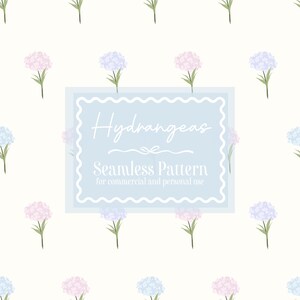 May include: A seamless pattern featuring watercolor-style hydrangeas in shades of pink and blue on a cream background. The design includes the text "Hydrangeas Seamless Pattern for commercial and personal use" in a light blue frame.