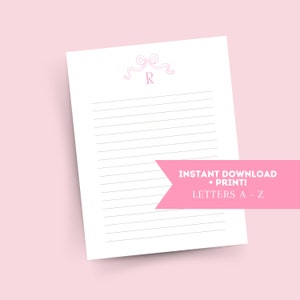 Papel de cuaderno de arco de coqueta inicial personalizado para la escuela, el trabajo, cartas / Descarga instantánea y papel de bloc de notas imprimible / Cartas a la hija