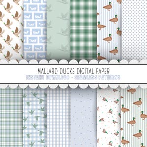 May include: A collection of digital paper patterns featuring mallard ducks, plaid, stripes, and polka dots in shades of green, blue, and white. The text MALLARD DUCKS DIGITAL PAPER INSTANT DOWNLOAD - SEAMLESS PATTERNS is centered across the image.