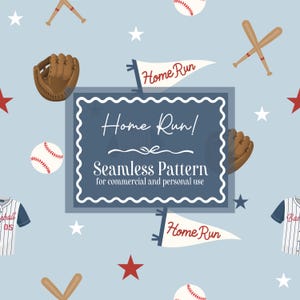 May include: A seamless pattern with baseball-themed elements on a light blue background. The design includes baseballs, bats, gloves, stars, and pennants that read "Home Run!" The text "Home Run!" and "Seamless Pattern" are also featured.