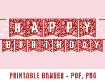 Printable Red Bandana Happy Birthday Banner, Bunting, Garland | Instant Download, Red Bandana, Western Print, Birthday Party Decorations