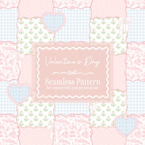 Seamless Patchwork Valentine's Day Pattern | Commercial Use, Grand Millennial, Preppy, Pastel, Girly, Coquette, Bows, Hearts