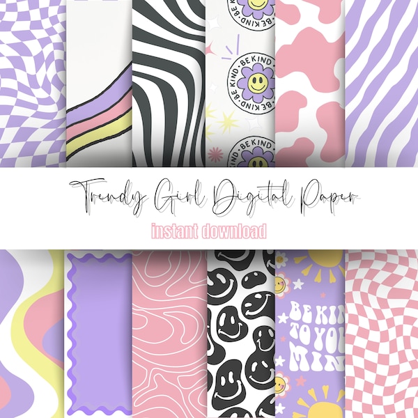 Trendy Digital Paper Pack for Teenagers or Young Girls | Groovy Style Paper  | Instant Download Paper for Crafts, Scrapbooking, Collages